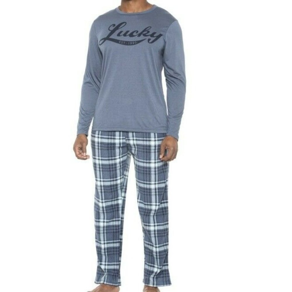 New Lucky Brand Men's 2-Pc Pajama‎ Blue Soft Jersey & Plaid Fleece Pant Set L